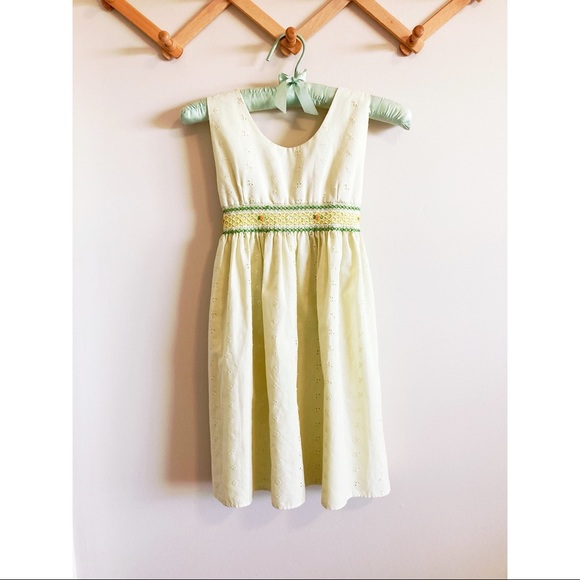 Vintage Handmade Girls Pale Yellow Eyelet Summer Dress with Embroidered Flowers - Picture 1 of 4